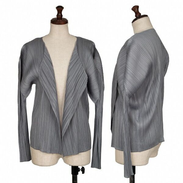 PLEATS PLEASE グレー 長袖　カーディガン プリーツプリーズPLEATS PLEASE ノーカラーボタンレスカーディガン