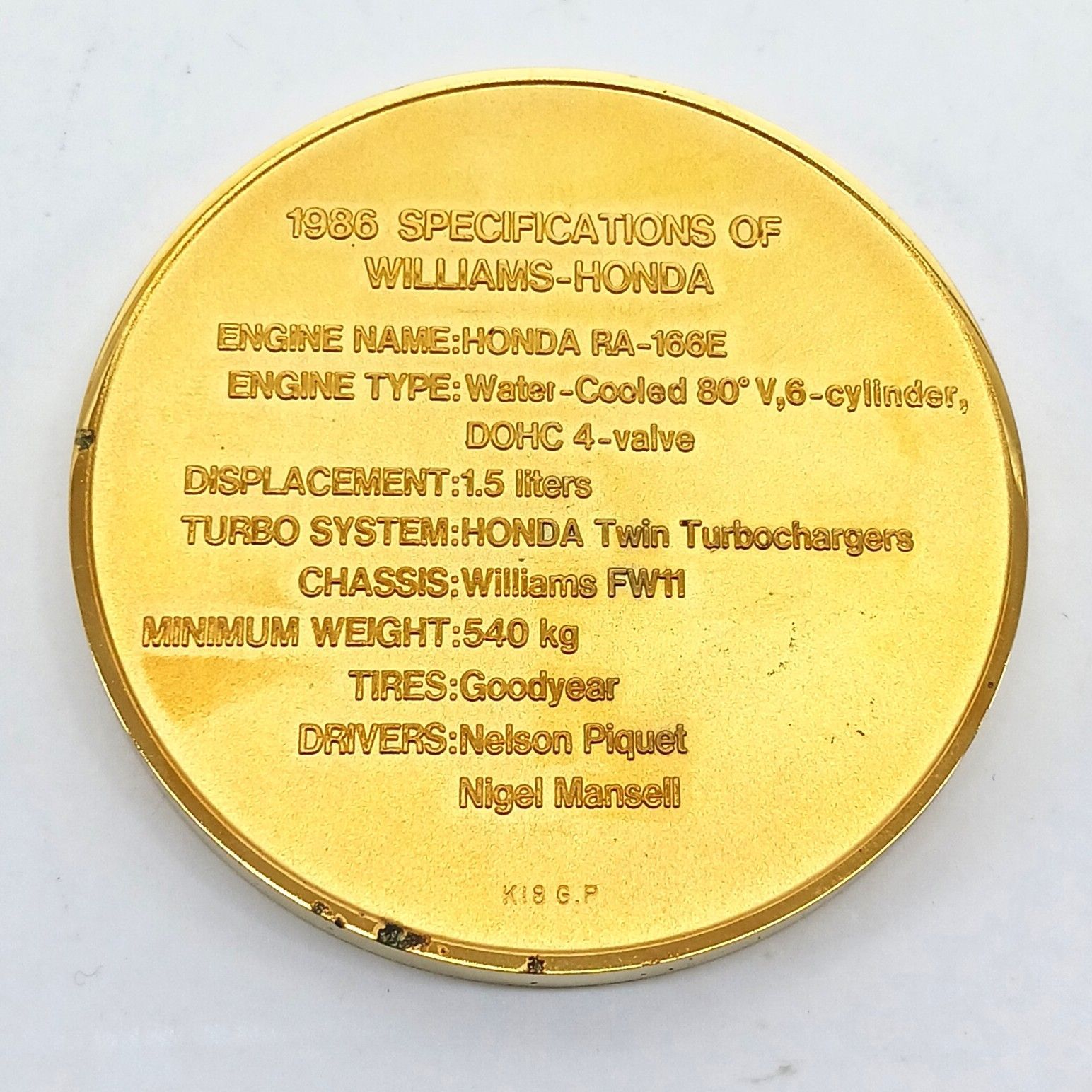 HONDA ホンダ F1 記念メダル ワールドチャンピオン 1986年 K18 GP