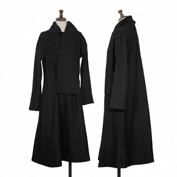 ヨウジヤマモト ファムYohji Yamamoto FEMME ウール袖切替ストールネックワンピース 黒S