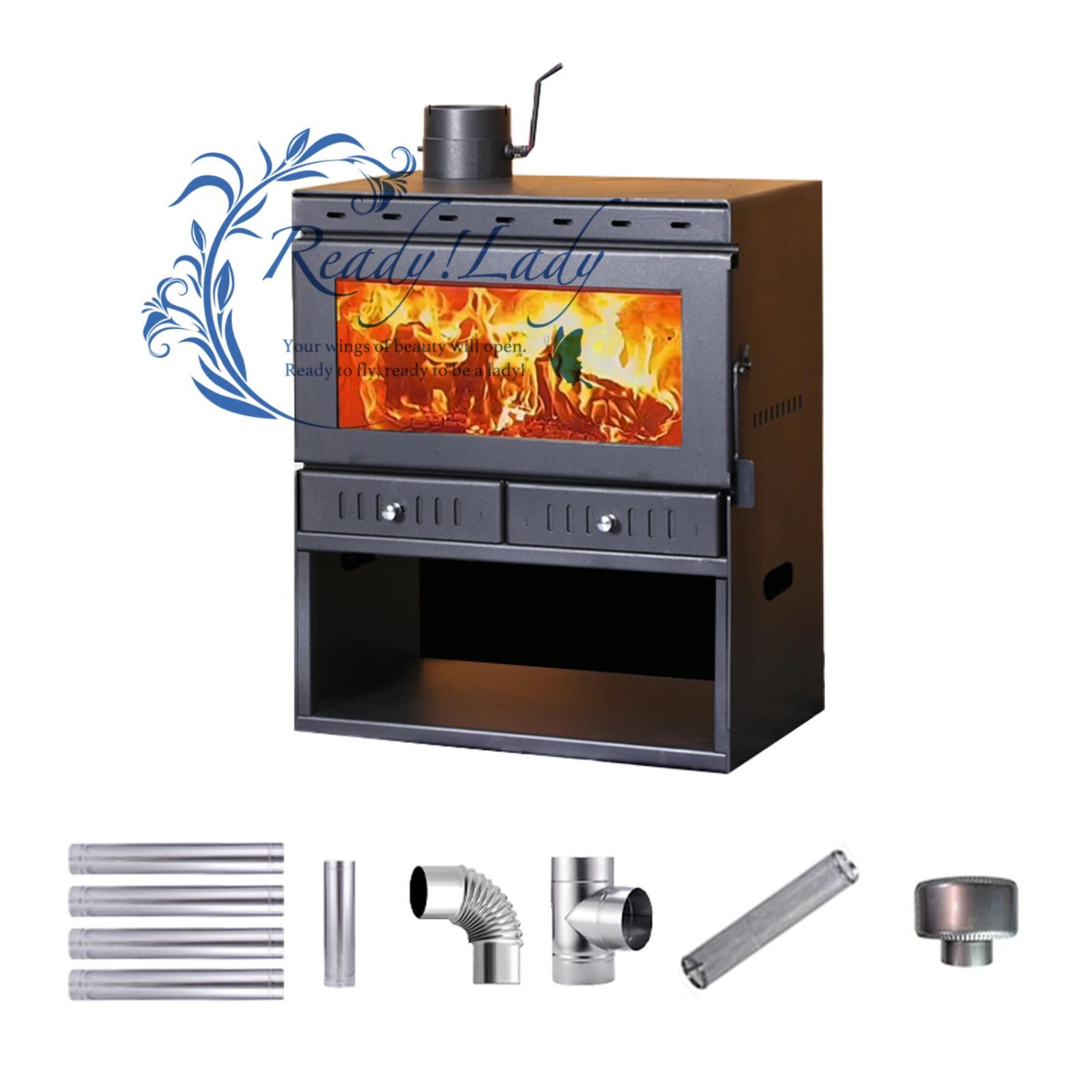 薪ストーブ クッキングストーブ 二次燃焼 キャンプ テント暖炉 薪暖炉 コンパクト 二層炭素鋼 変形しにくい 耐熱ガラス 1200°までの耐熱性 4.5 M煙突 多燃料対応 薪 石炭 ペレット 暖房 調理 屋内 家庭用 50 33 60 cm