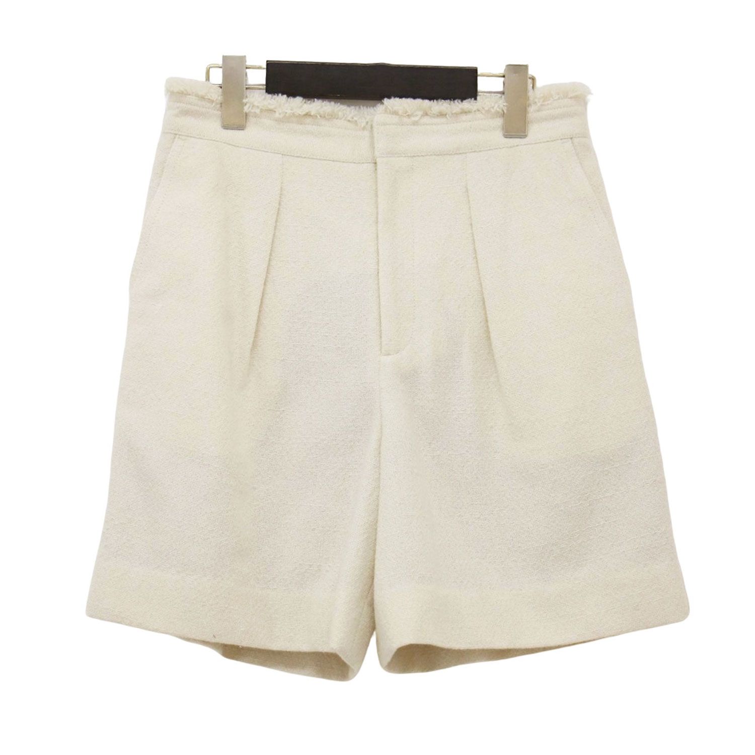 Spick Span スピックアンドスパン パンツ オフホワイト 白 サイズ 36 S 22秋冬 プレーンウィーブ ショートパンツ ひざ上丈 タック フリンジ ツイード ウール シルク ボトムス ズボン レディース