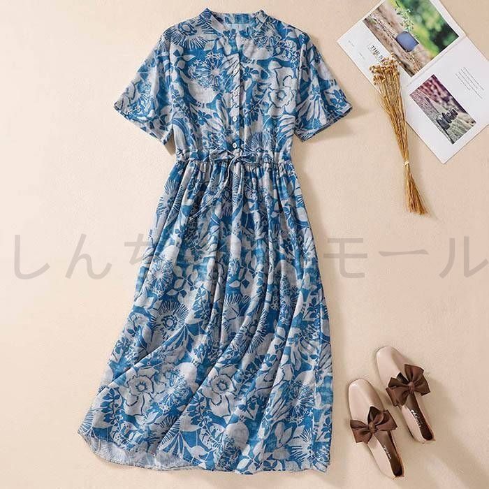 シャツワンピース 花柄 レディース 総柄 ミモレ丈 ワンピース 半袖