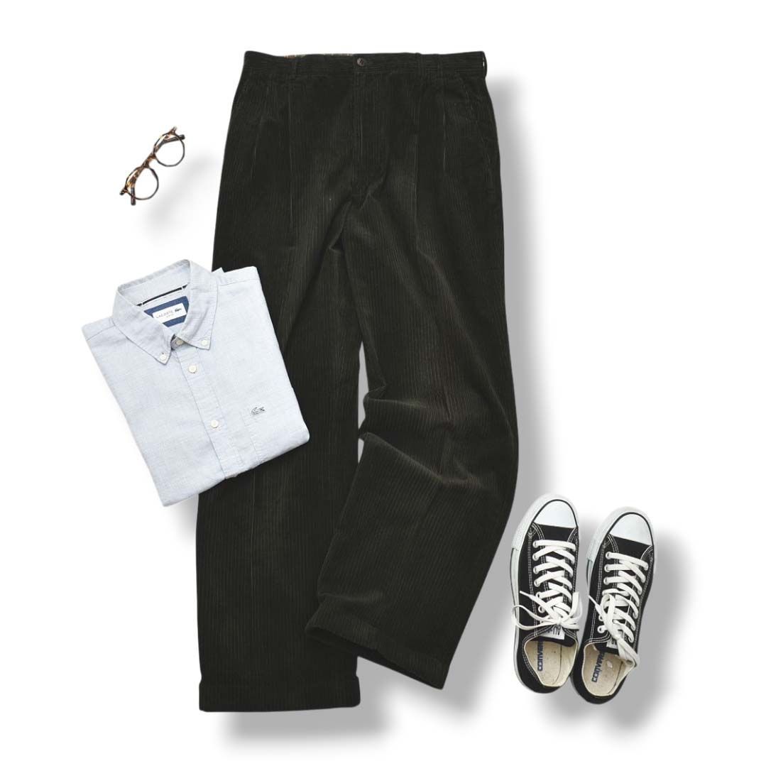 上質 90 s ヴィンテージ 日本製 パパス PAPAS カシミヤウール ワイド ストレート コーデュロイ パンツ L オリーブ トラッド アメトラ アメカジ ストリート メンズ 男性用