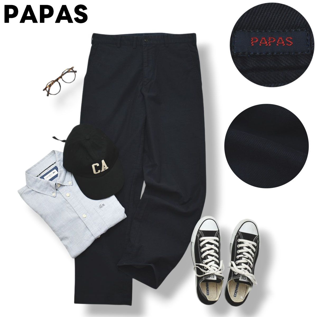 90 sヴィンテージ パパス PAPAS コットン ストレッチ チノパンツ スラックス トラウザー 48 ネイビー メンズ トラッド カジュアル