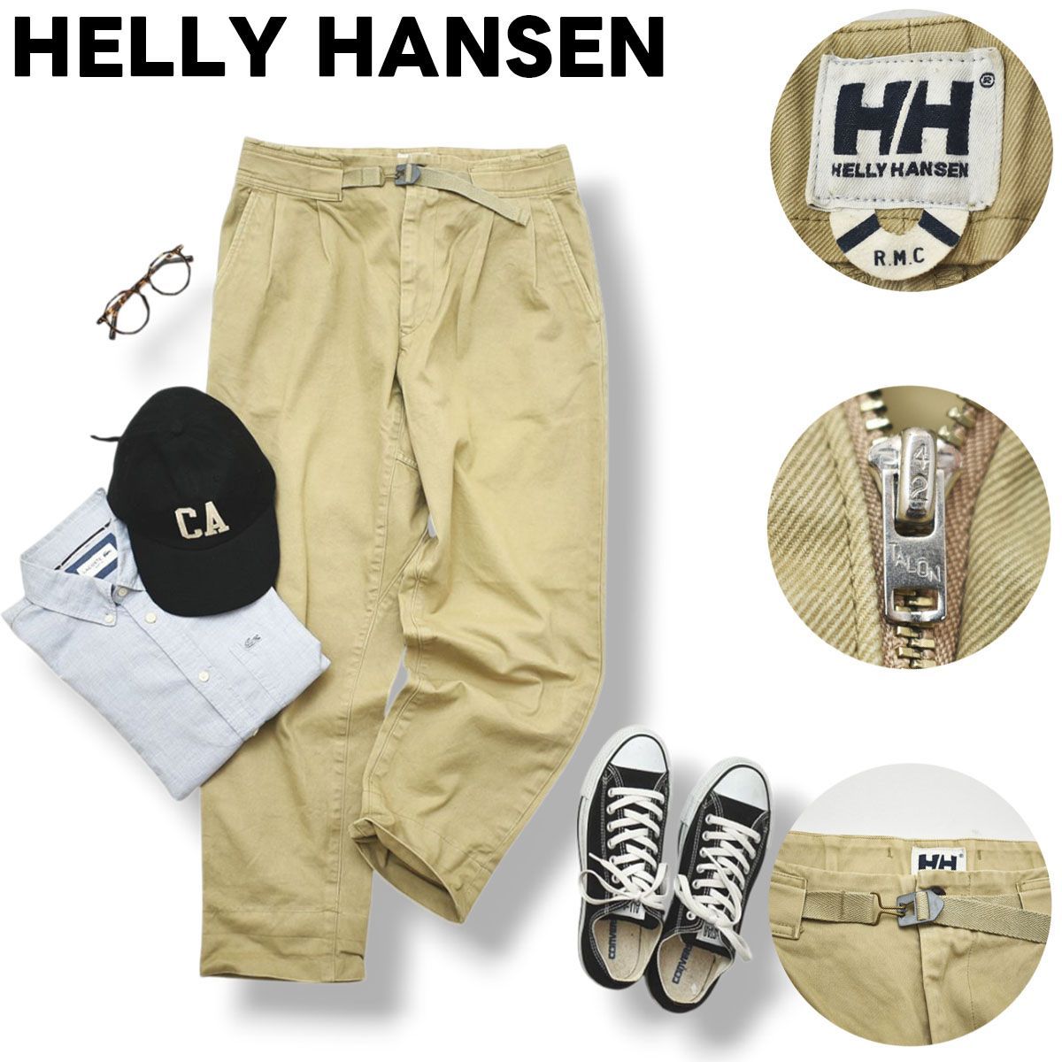 90 s 00 sヴィンテージ 日本製 ヘリーハンセン HELLY HANSEN HH RMC ツータック ミリタリー ワーク チノパン M ベージュ メンズ