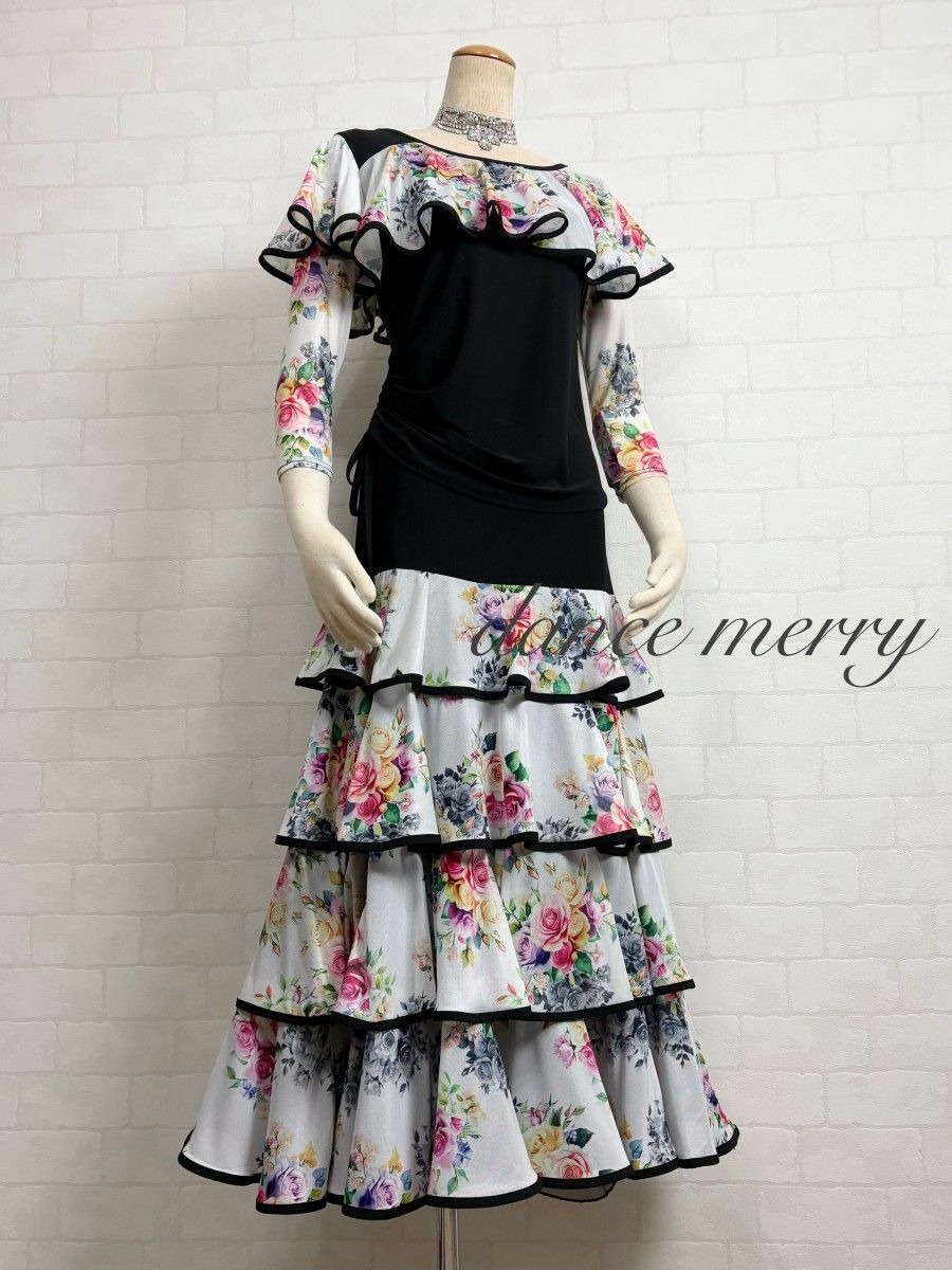 新品 豪華 社交ダンス ツーピース セットアップ 黒 白 ピンク