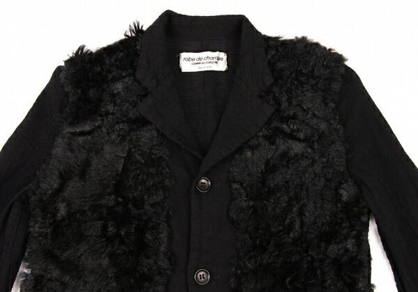 AD1997 ローブドシャンブルコムデギャルソン ツイードジャケット ファー切替 ツイードカットオフフリンジシルバーボタンショート丈ノーカラー