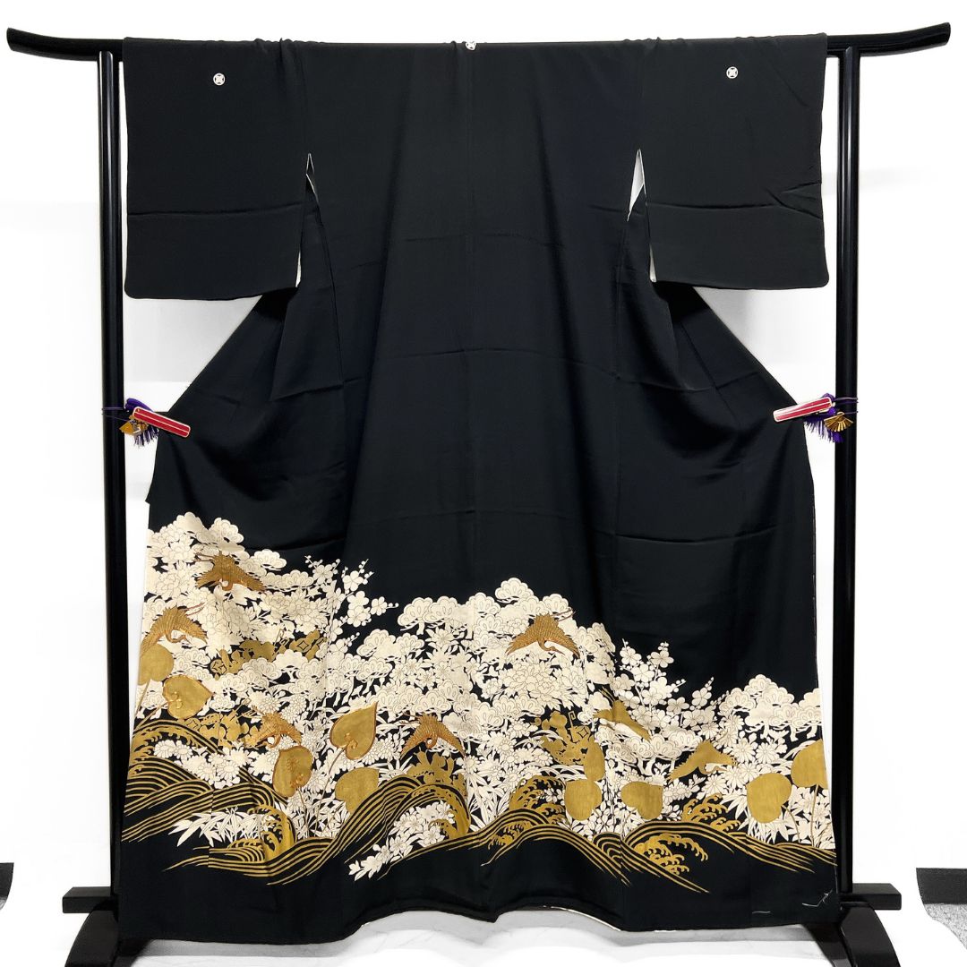 黒留袖 金駒刺繍 金彩 鶴 葵 宝尽くし 波 松竹梅 着物 122b d ms