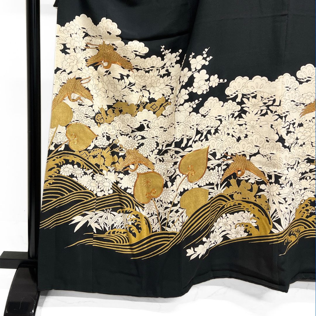 黒留袖 金駒刺繍 金彩 鶴 葵 宝尽くし 波 松竹梅 着物 122b d ms