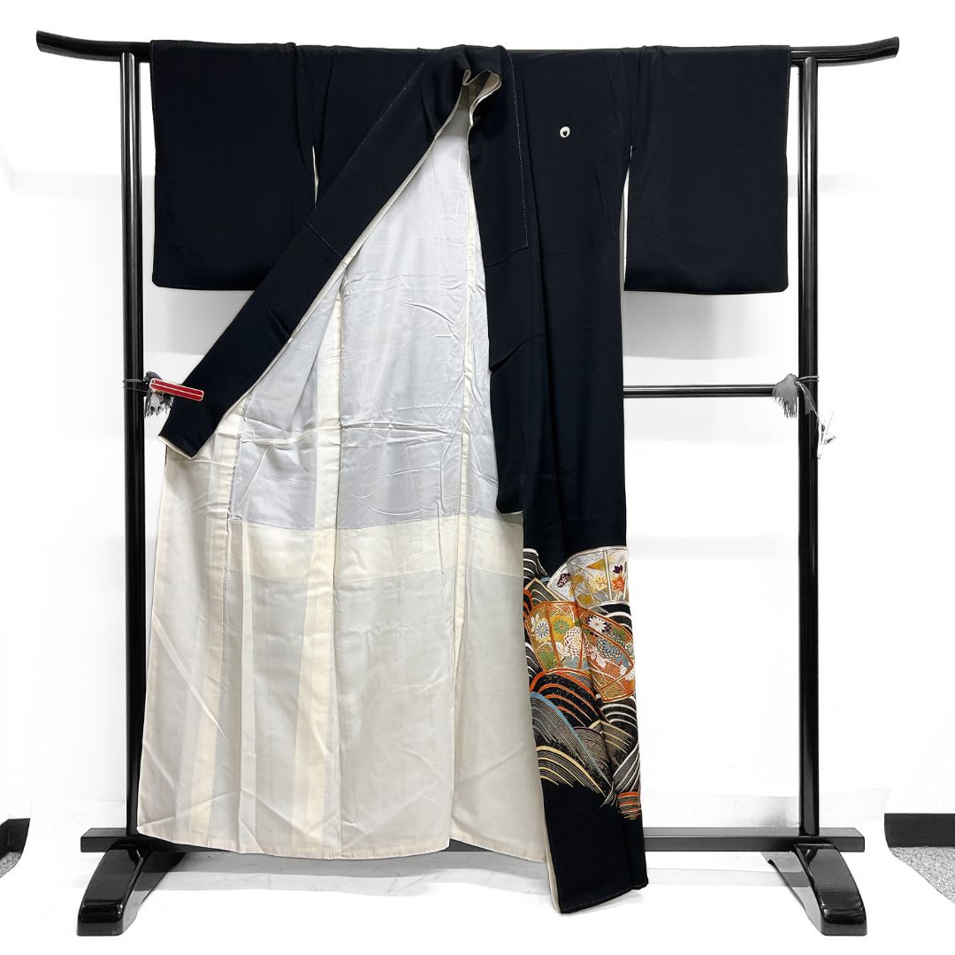 黒留袖 金駒刺繍 銀駒刺繍 金彩 扇 波 花 着物 122 b d ms