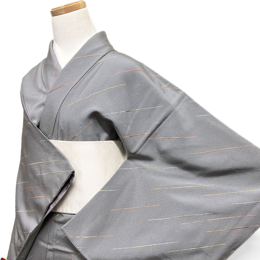 未着用 小紋 相良刺繍 斜め縞 お洒落 着物 122 b d ms