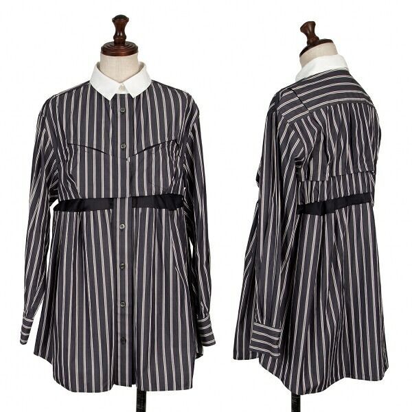 サカイsacai コットンポプリンカッティングストライプシャツ 紺茶白1