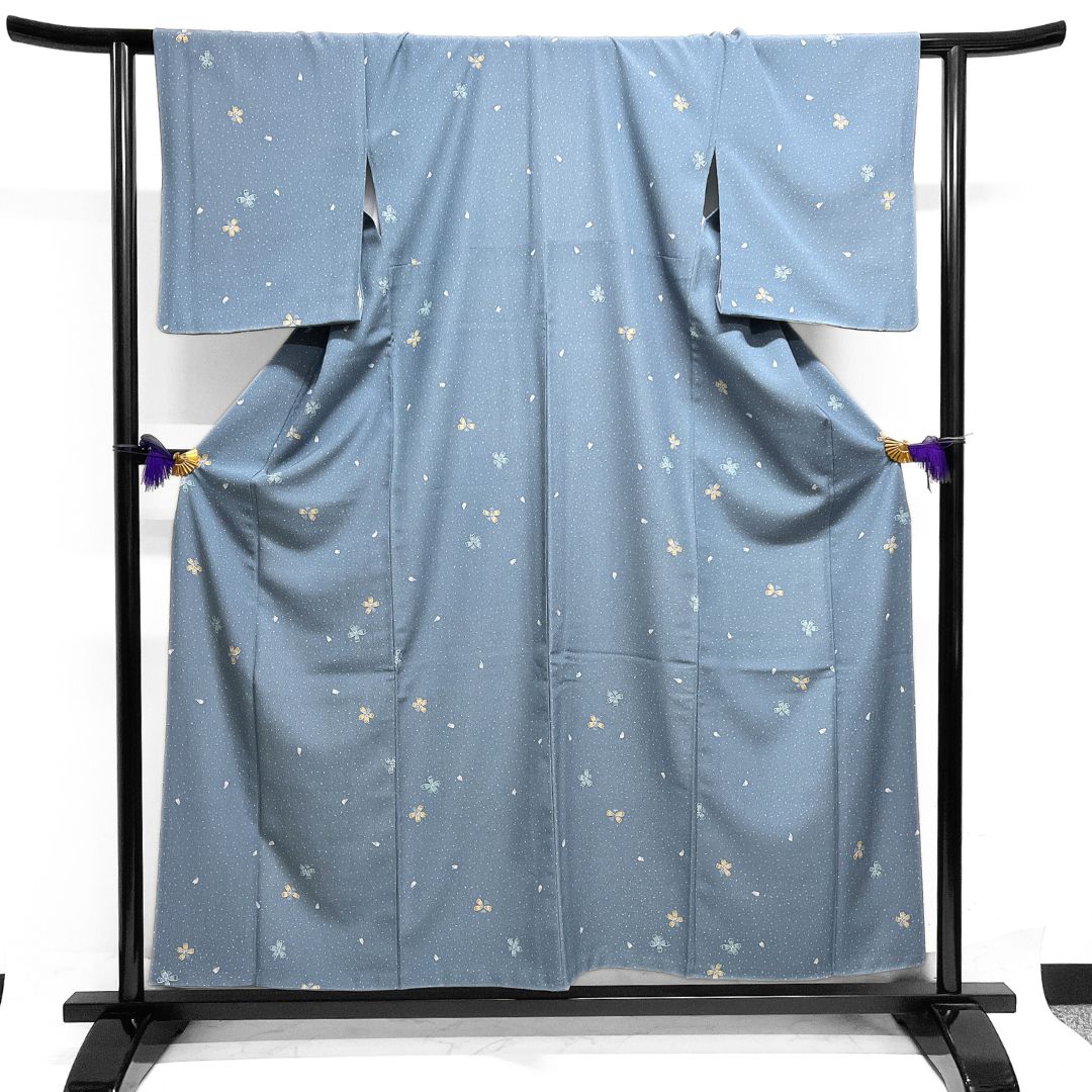 小紋 洗える着物 桜 花びら ライトブルー 着物 122 b d ms