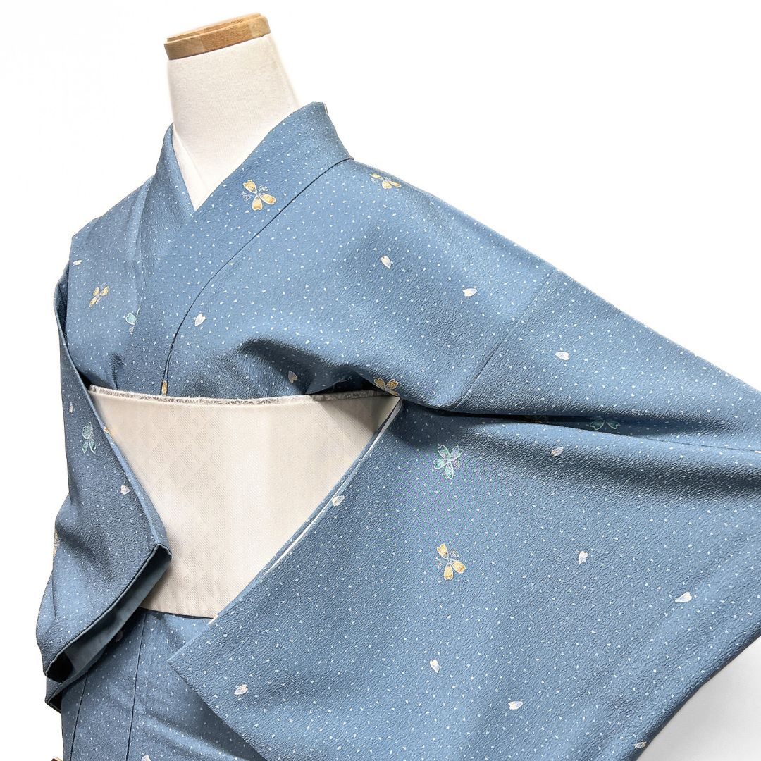 小紋 洗える着物 桜 花びら ライトブルー 着物 122 b d ms