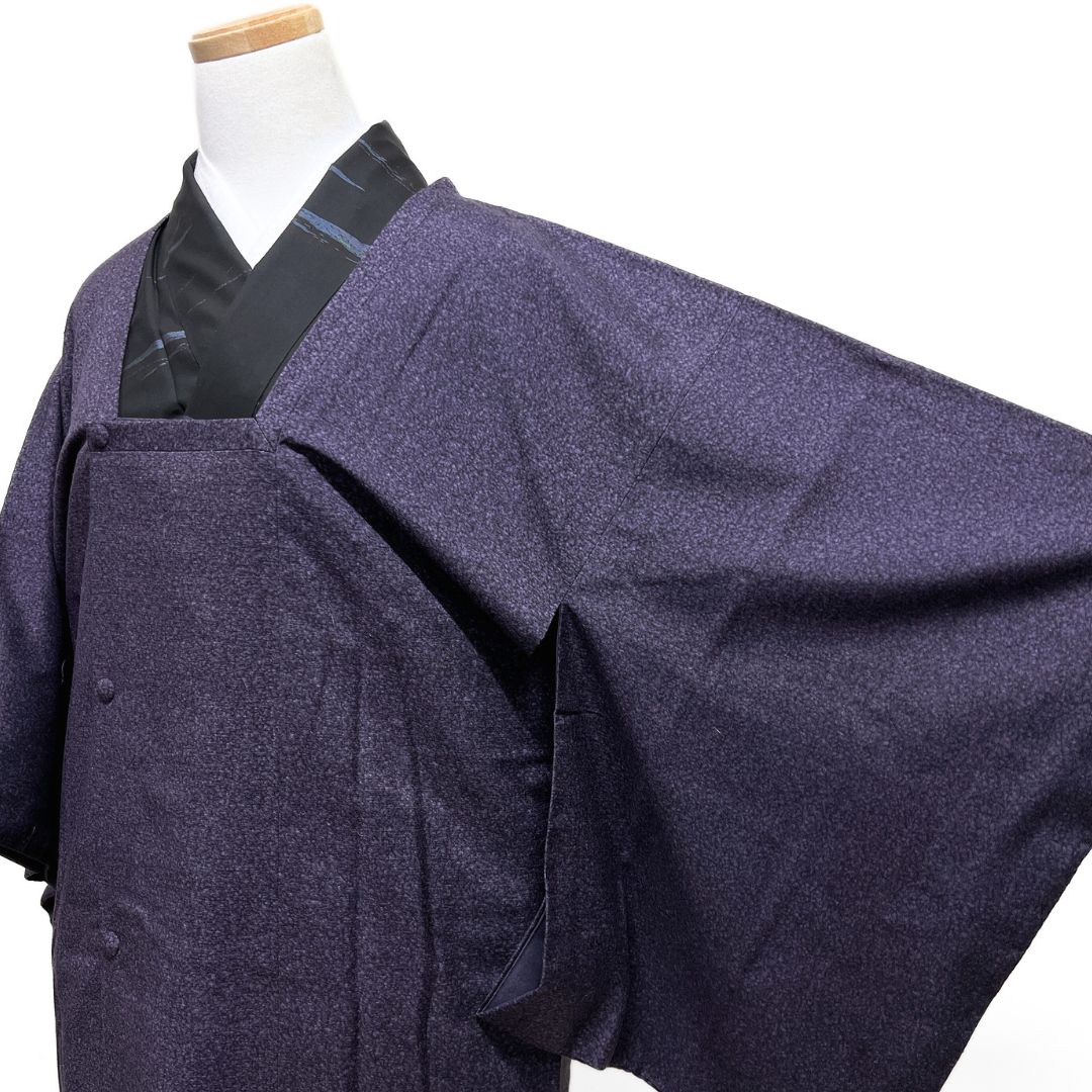 結城紬 たたき染め 紫 色無地 未使用 道行コート 結城紬 証紙付き たたき染 伝統工芸品 着物 122b d ms