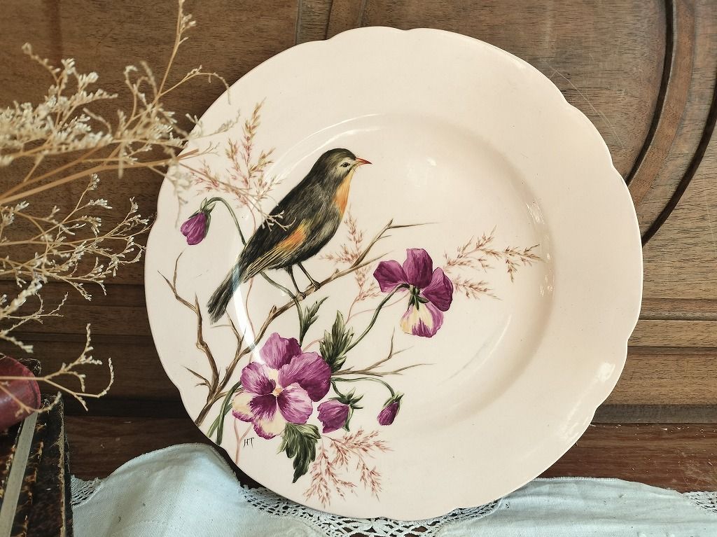 フランス アンティーク 手書き 鳥 Longwy 陶器 1900年 絵 皿 美品