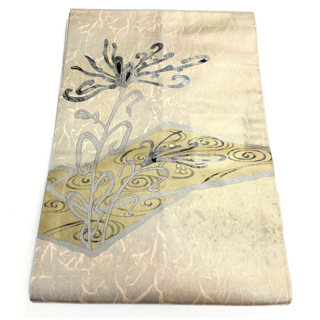 名古屋帯 螺鈿 金駒刺繍 観世水 抽象花 着物 122 b d ms