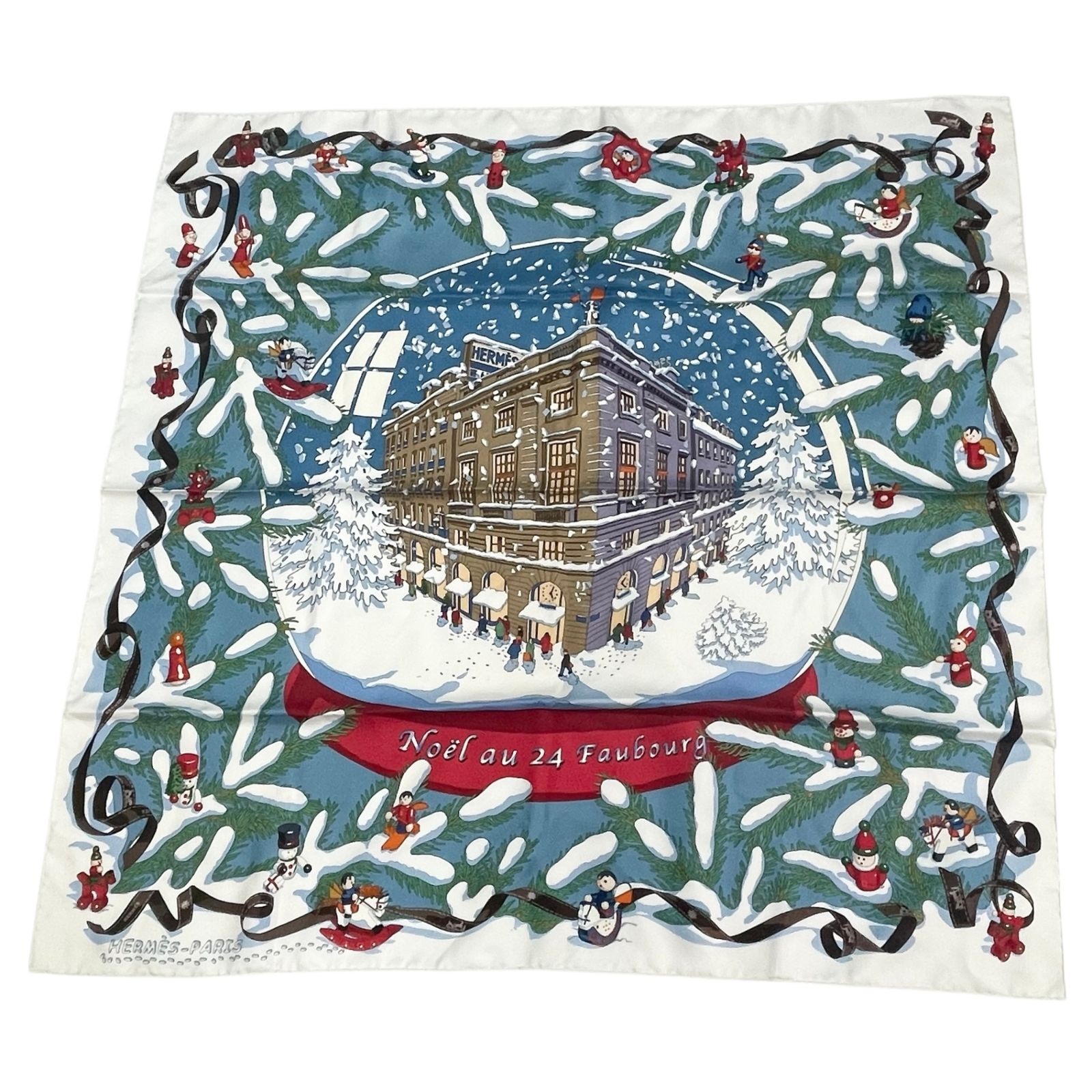 HERMES エルメス スカーフ シルク カレ90 Noel au 24 Faubourg フォーブル24番地の ホワイト