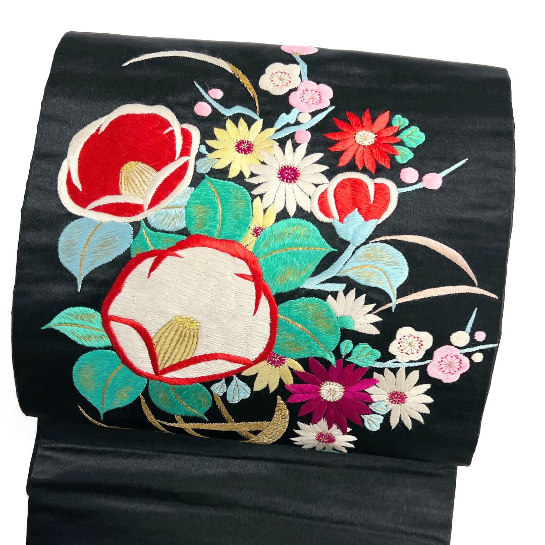 アンティーク 名古屋帯 刺繍 椿 菊 梅 着物 122 b d ms