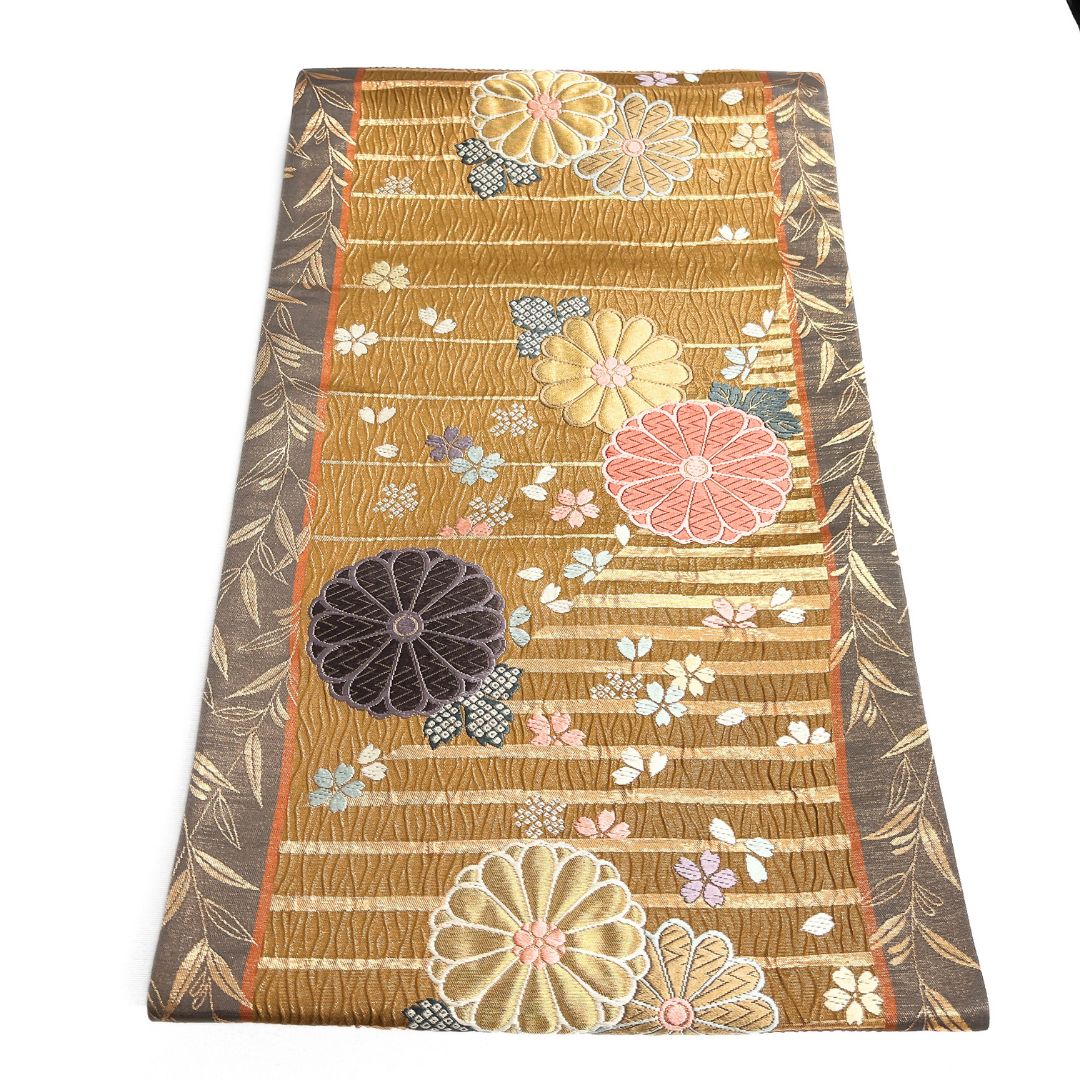 袋帯 菊花 桜花 花びら 横縞 竹 着物 122 b d ms