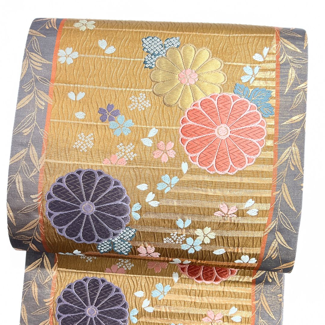 袋帯 菊花 桜花 花びら 横縞 竹 着物 122 b d ms