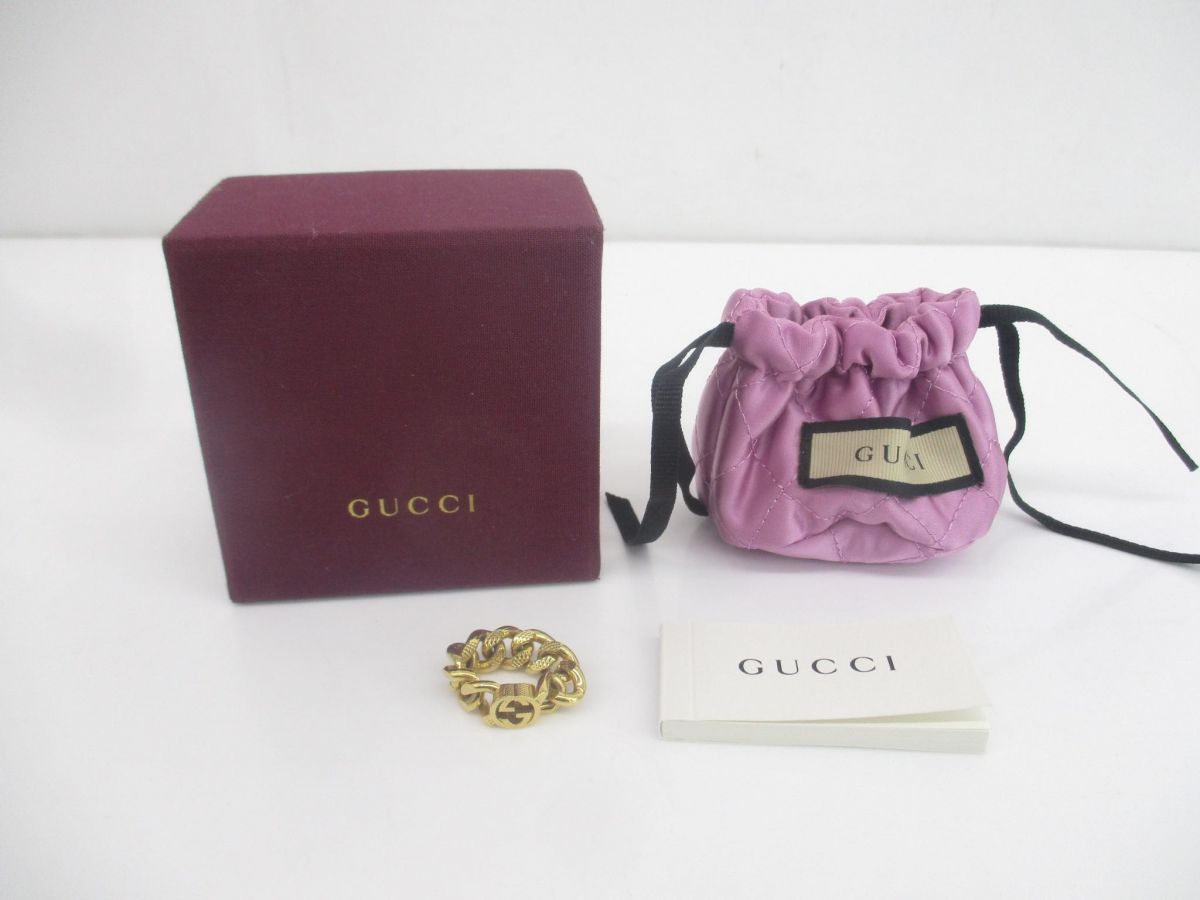 良品 グッチ GUCCI インターロッキングG ゴルメットチェーン リング XS