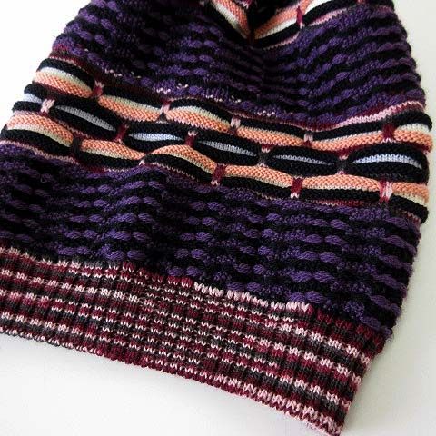 ミッソーニ MISSONI ニットキャップ ニット帽 立体 ボーダー柄 ボンボン付 メリノウール F 黒 ブラック 紫 パープル ピンク イタリア製