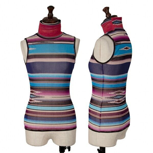 ジャンポールゴルチエ ファムJean Paul GAULTIER FEMME グラデーションボーダーパワーネットノースリーブ 青紫水色40