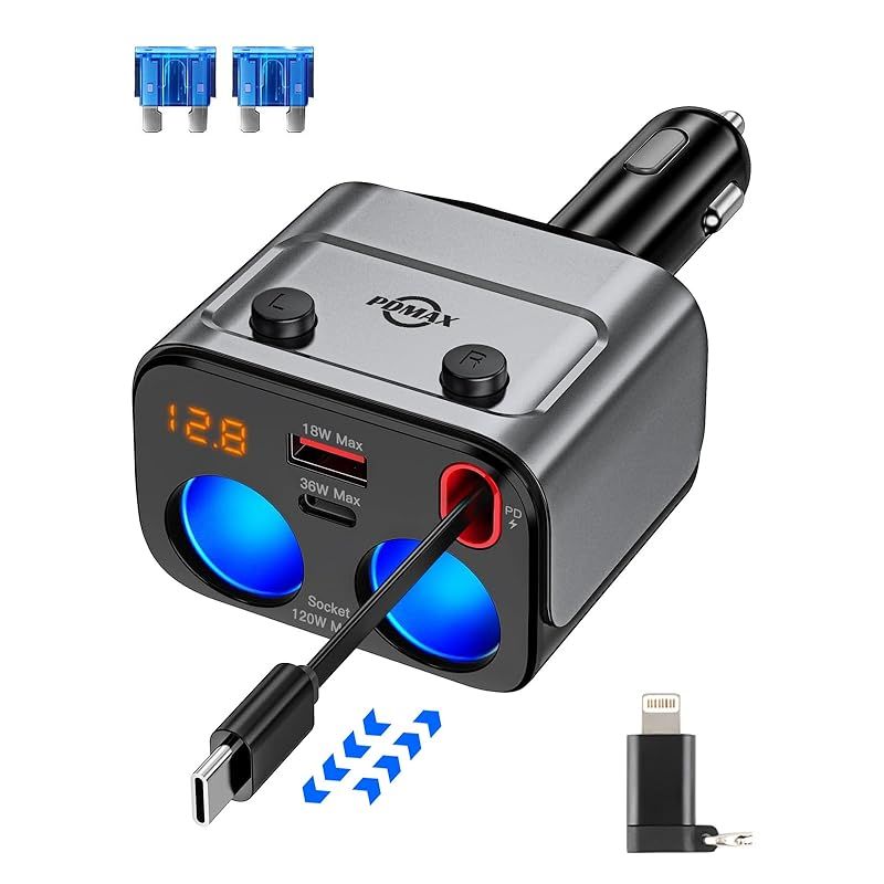 186W シガーソケット 2連 車 充電器 増設 【180W 5台同時に使用】 カーチャージャー 巻取り式シガーソケット usb-c 急速充電 Type-C to lightning 変換アダプター一つ 付き 独立スイッチ搭載 対応iPhone A