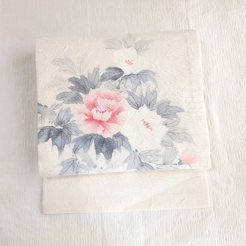 ひげ紬☆名古屋帯 ぼたん オフホワイト 名古屋仕立て 正絹 113 - メルカリ