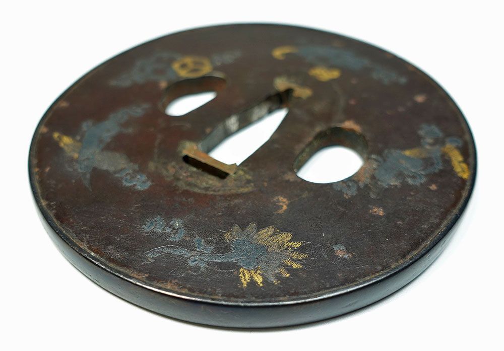 ☆鉄地竪丸形雲龍図鐔 志水甚五？ 毛彫 金銀布目象嵌 両櫃孔 赤銅覆輪