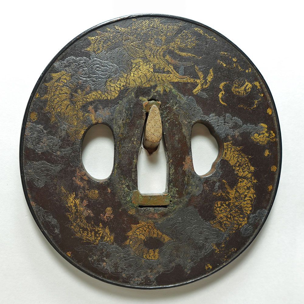 ☆鉄地竪丸形雲龍図鐔 志水甚五？ 毛彫 金銀布目象嵌 両櫃孔 赤銅覆輪