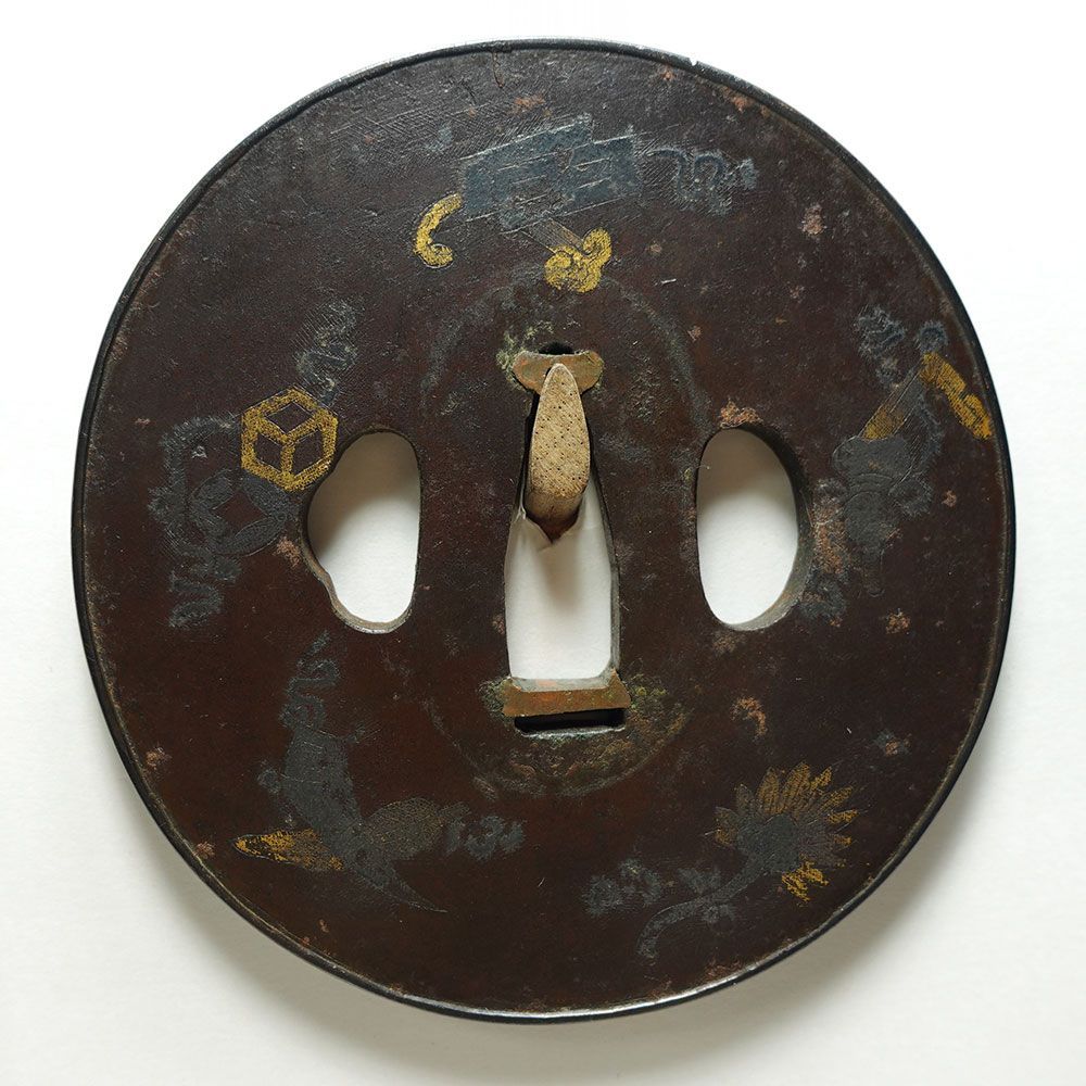 鉄地竪丸形雲龍図鐔　志水甚五？　毛彫　金銀布目象嵌　両櫃孔　赤銅覆輪　肥後金工 ☆肥後名品 鉄地竪丸形雲龍図鐔 志水甚五？ 鍔 毛彫 金銀布目象嵌 両櫃