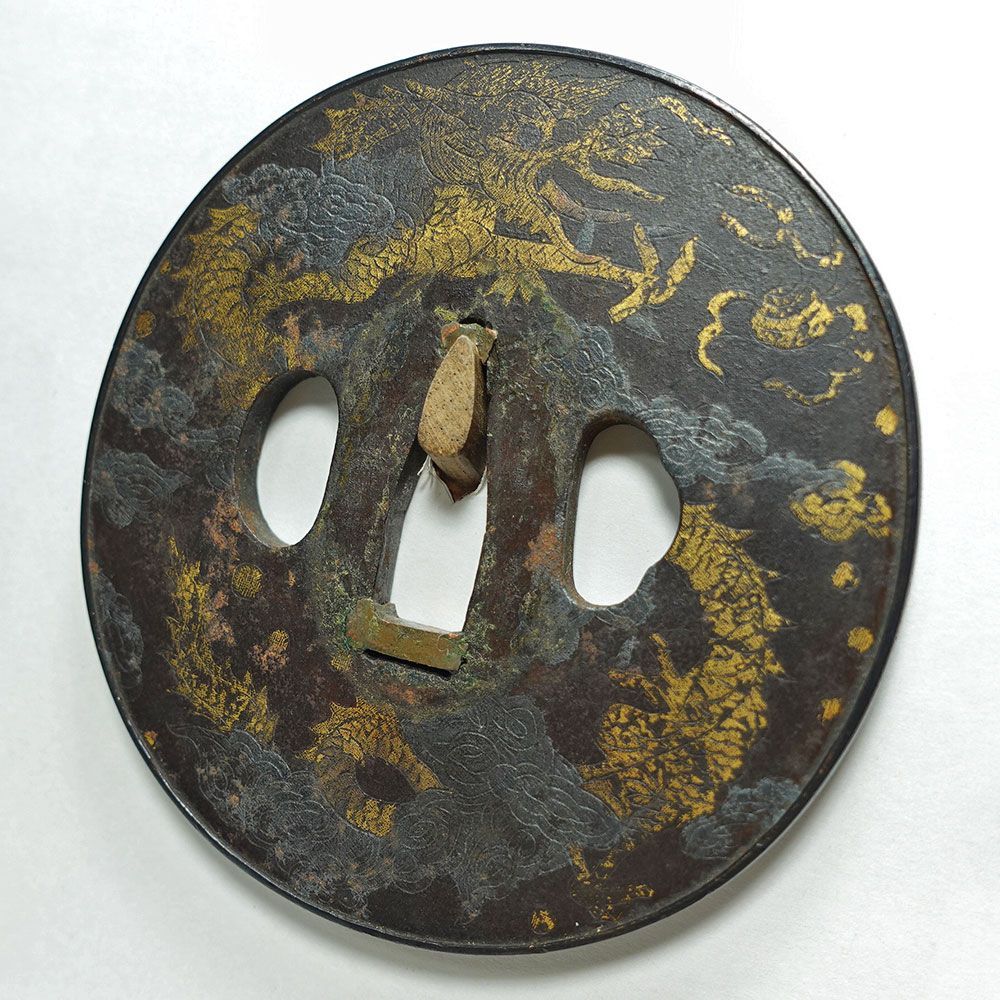 ☆鉄地竪丸形雲龍図鐔 志水甚五？ 毛彫 金銀布目象嵌 両櫃孔 赤銅覆輪