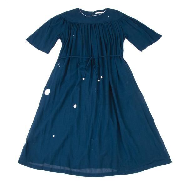 ミナペルホネン village ワンピース navy 36 ミナペルホネンmina perhonen ドットプリントコットンギャザー