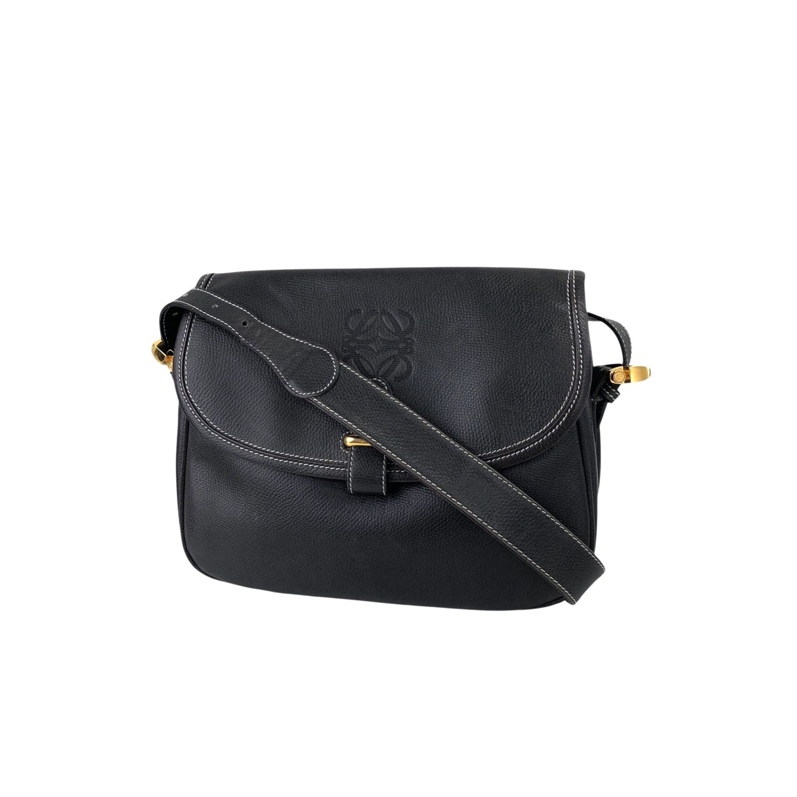 人気●ロエベ　ショルダーバッグ　アナグラム　ロゴ型押し　シボ革　ダークネイビー LOEWE ロエベ ビジネス ショルダーバッグ レザー アナグラム 2way