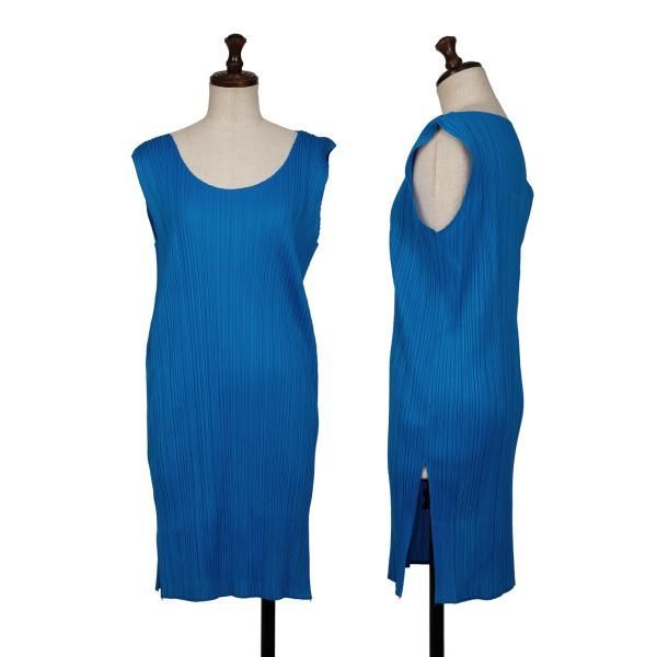 イッセイミヤケISSEY MIYAKE プリーツノースリーブチュニック 青L