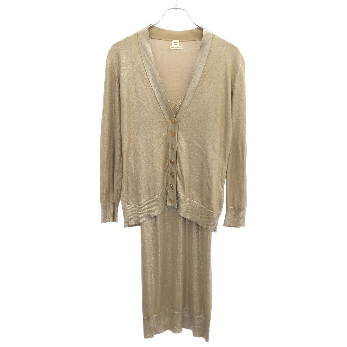 HERMES エルメス セリエボタンコーティングシルクニットカーディガン ワンピース アンサンブル ベージュ 40