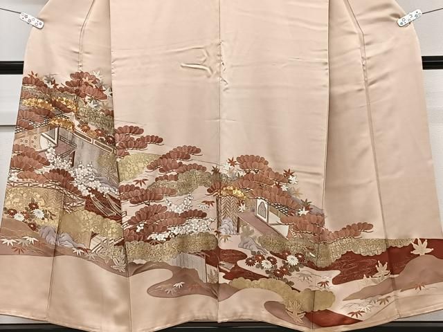 平和屋着物□豪華色留袖 駒刺繍 風景吉祥花文 松竹梅 金彩 正絹 逸品