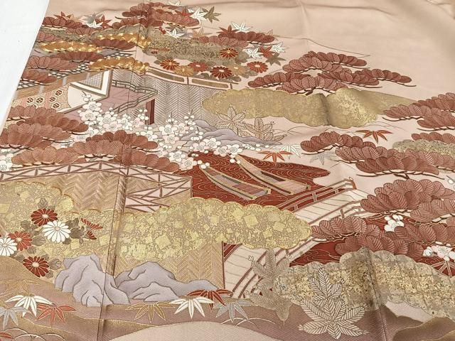 平和屋着物□豪華色留袖 駒刺繍 風景吉祥花文 松竹梅 金彩 正絹 逸品