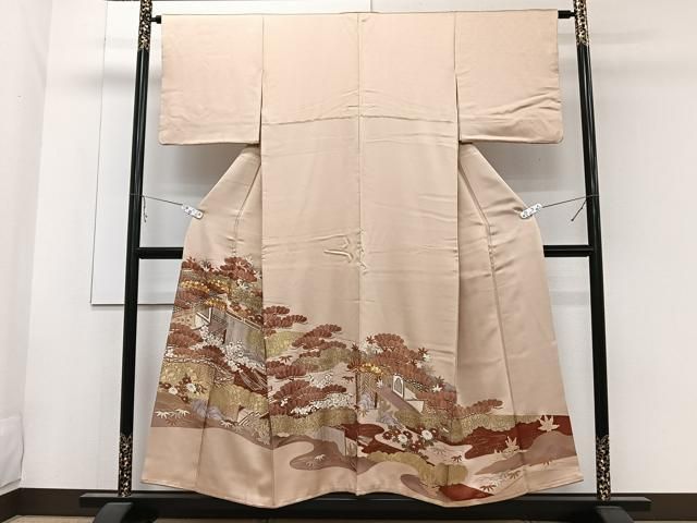 平和屋着物□豪華色留袖 駒刺繍 風景吉祥花文 松竹梅 金彩 正絹 逸品