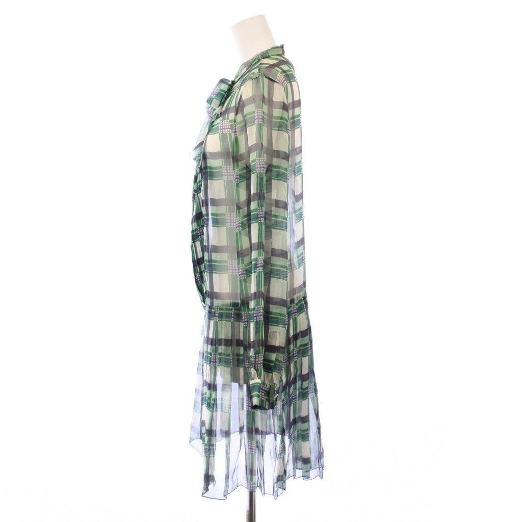 クリスチャンディオール Christian Dior チュニック ボウタイシャツ ブラウス 長袖 シアー シースルー チェック柄 シルク 38 緑 グリーン BB