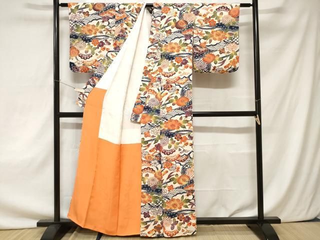 平和屋-こころ店 上質な小紋 型染め 立波草花文 鬼しぼ縮緬 正絹