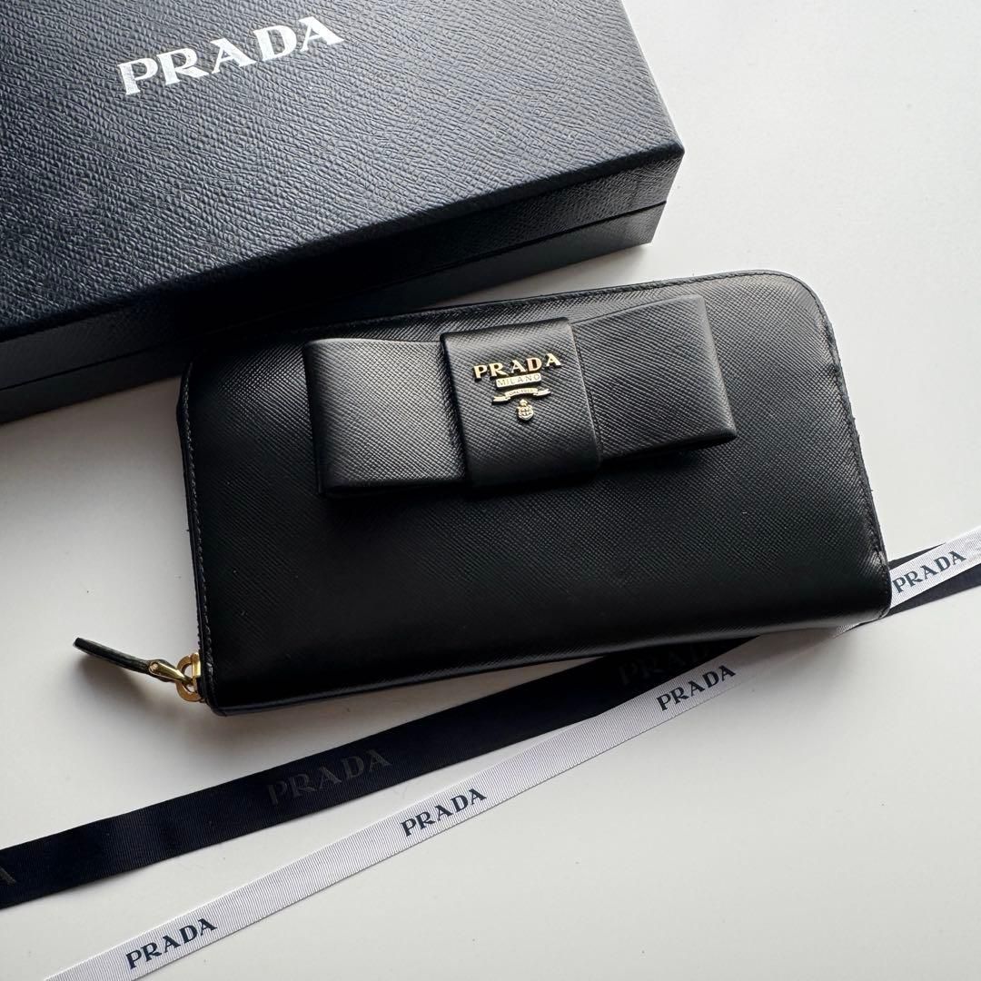 美品】166 PRADA プラダ ラウンドファスナー 長財布 ショップ リボン