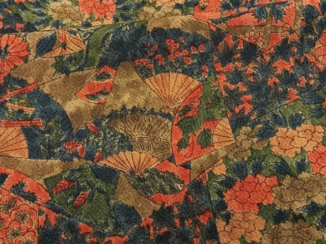 平和屋着物□上質な小紋 切嵌扇面草花文 鬼しぼ縮緬 正絹 逸品