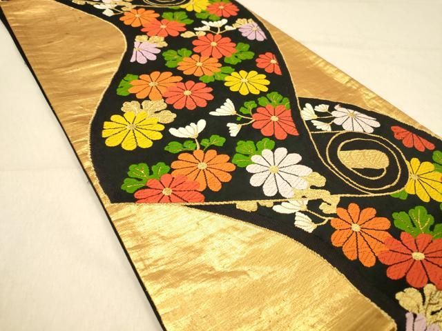 平和屋着物◎六通柄袋帯 絵巻枝菊文 黒地 金糸 正絹 逸品 DAAZ3875jm