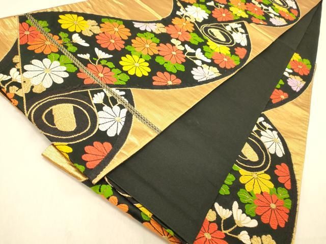 平和屋着物◎六通柄袋帯 絵巻枝菊文 黒地 金糸 正絹 逸品 DAAZ3875jm