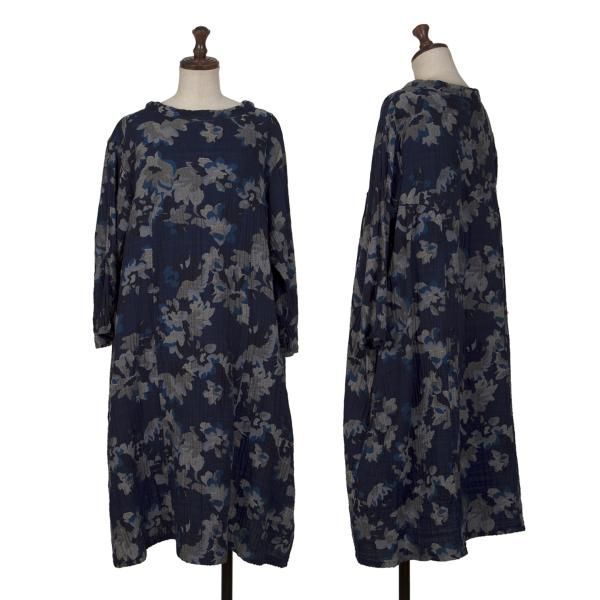 プランテーションPlantation コットンフラワージャガード切替デザインワンピース 青水色他M