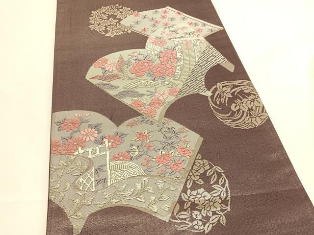 平和屋着物◎太鼓柄袋帯 唐織 冊子几帳花鳥文 引箔 正絹 逸品