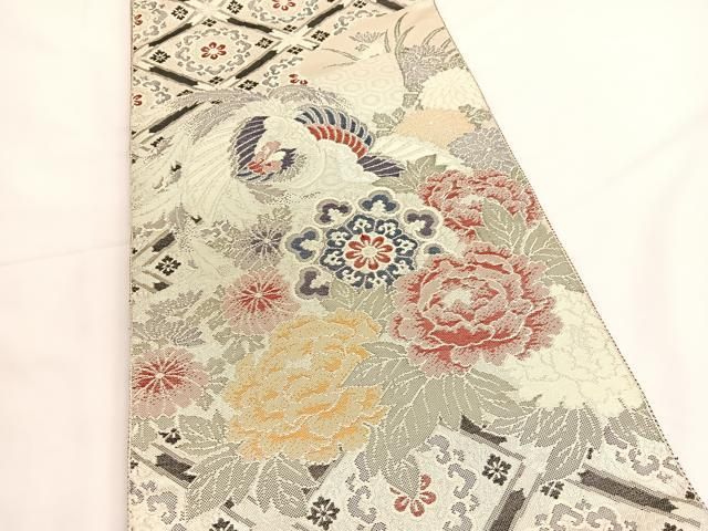 平和屋着物◎佐賀錦 両面 全通柄袋帯 鳳凰花文 銀糸 正絹 逸品